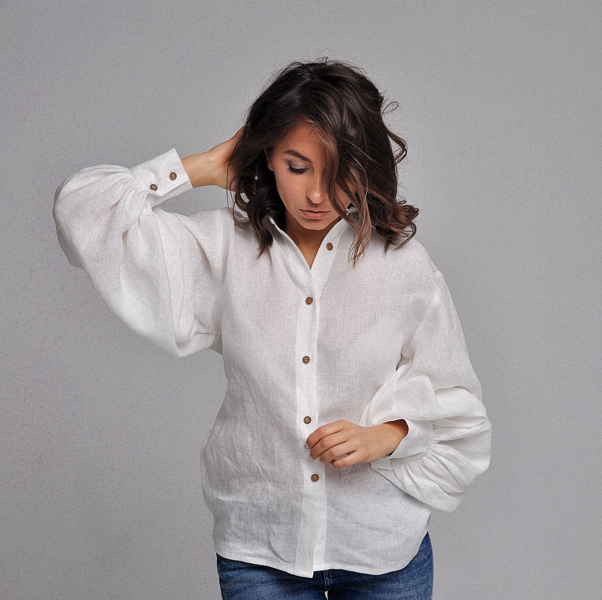 Linen Victorian blouse button classic collar linen shirt/ | Etsy