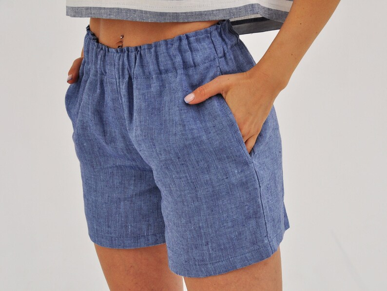 Linen shorts with elastic waistband and inner pockets Melange | Etsy