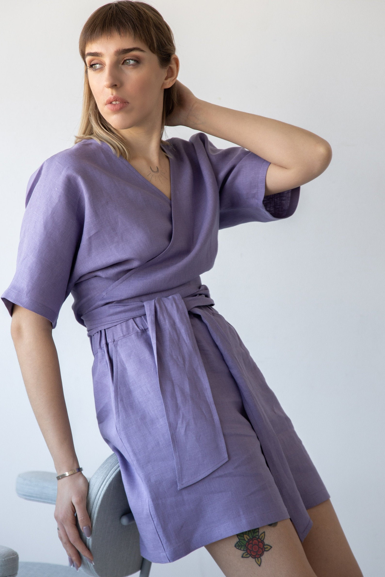 Linen Wrap Top Linen Wrap Blouse in Lavender Crop Top With Etsy