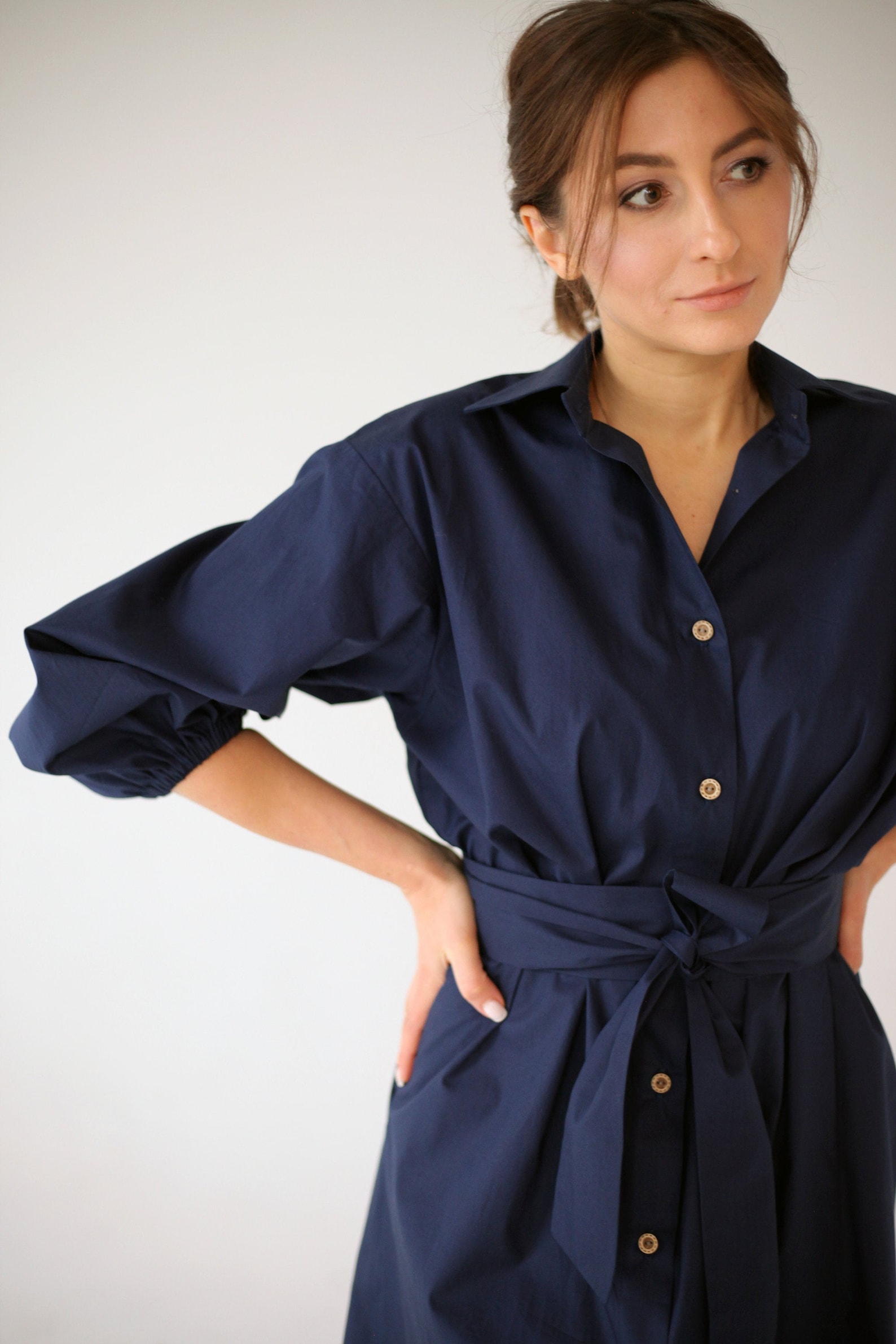 Shirt dress with belt Navy blue dress 3/4 puffy Sleeves Etsy