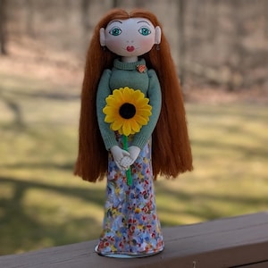 Spring handmade fabric redhead doll,  Interior art doll, Textile rag doll, Collectible unique doll with sunflower