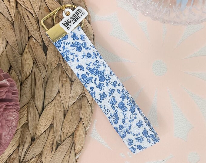 Blue Floral Key Fob Wristlet