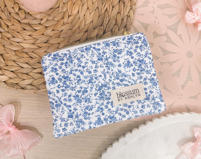 Blue Floral Butterfly Zipper Pouch