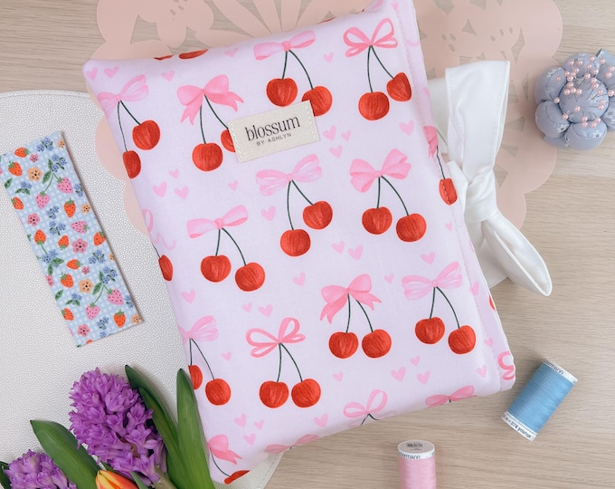 Coquette Pink Cherries & Bows Book Sleeve with Tie