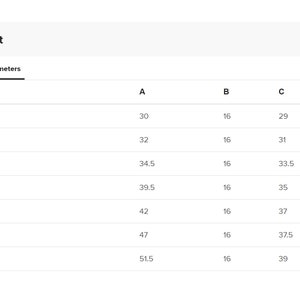 May include: A size chart table with the heading Size chart, featuring columns for Size Label, A, B, and C. The table displays measurements in centimeters for sizes ranging from XS to 3XL, with values for A, B, and C listed in rows for each size.