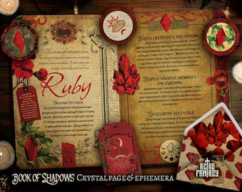 Printable RUBY Pages & ephemera • Book of Shadows • CRYSTALS • Wicca pages • Junk Journal Pages • Grimoire • Witchy pages