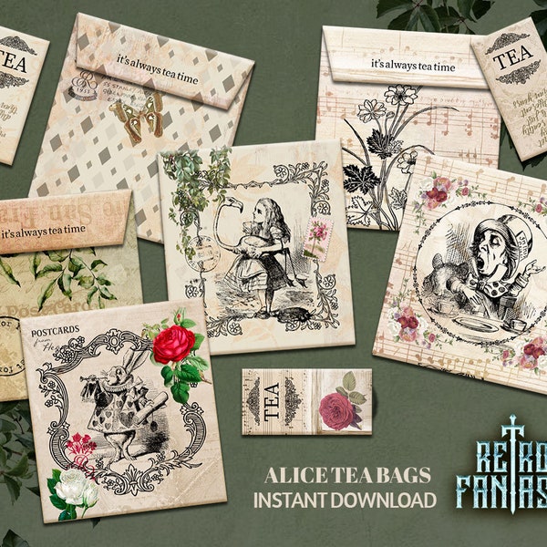 Printable Alice in wonderland Vintage Tea Bags Envelopes | Shabby Chic Alice Tea bags | Instant Download | Alice in wonderland birthday