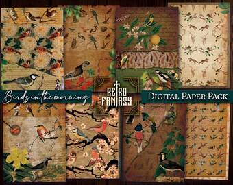 Vögel am Morgen Digitales Papier zum ausdrucken • Vintage Vögel Journal • Scrapbooking • Floral • Sofortiger Download • Abdruckbar