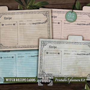 May include: Four vintage-style recipe cards in beige, pink, blue, and off-white. Each card features a decorative border, sections for ingredients and directions, and the word "Recipe" at the top. The cards are labeled "Witch Recipe Cards" and "Printable Ephemera Kit".