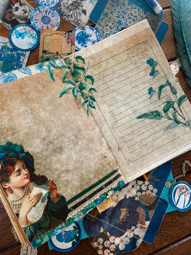 Deep Blue Printable Junk Journal Kit • Floral Pages and Ephemera • Scrapbook (digital Download ...