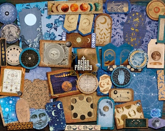 Può includere: Una collezione di carta digitale in stile vintage con fasi celesti e lunari in tonalità blu, oro e marrone. La carta include illustrazioni di lune, stelle e costellazioni. Il testo "Retro Fantasy" è incluso nell'immagine.