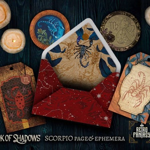 May include: A set of printable digital papers and ephemera featuring a scorpion design. The papers are in a vintage style with a dark brown background and gold accents. The ephemera includes a tag with the text "Book of Shadows Scorpio Pages & Ephemera" and a round tag with the text "m" and a scorpion design. The papers are ideal for scrapbooking, card making, and other craft projects.
