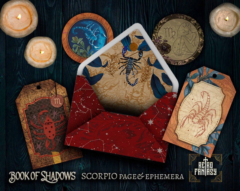 May include: A set of printable digital papers and ephemera featuring a scorpion design. The papers are in a vintage style with a dark brown background and gold accents. The ephemera includes a tag with the text "Book of Shadows Scorpio Pages & Ephemera" and a round tag with the text "m" and a scorpion design. The papers are ideal for scrapbooking, card making, and other craft projects.