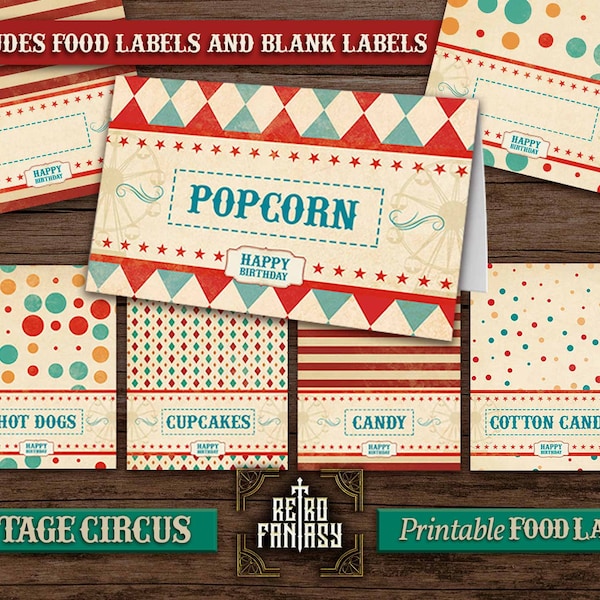 Vintage Circus Food labels • Printable Carnival Party • Circus Carnival Birthday • INSTANT DOWNLOAD