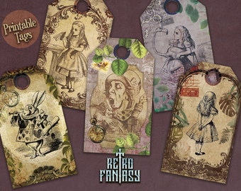 Alice in wonderland Vintage Tags Collage Sheet | Wonderland shabby scrapbook | Alice Decoupage | Alice in wonderland party | Shabby chic