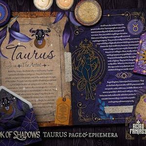 May include: A vintage style illustration of the Taurus zodiac sign with a purple and gold color scheme. The image includes text about the Taurus personality traits and includes the words "Book of Shadows" and "Taurus Page & Ephemera".