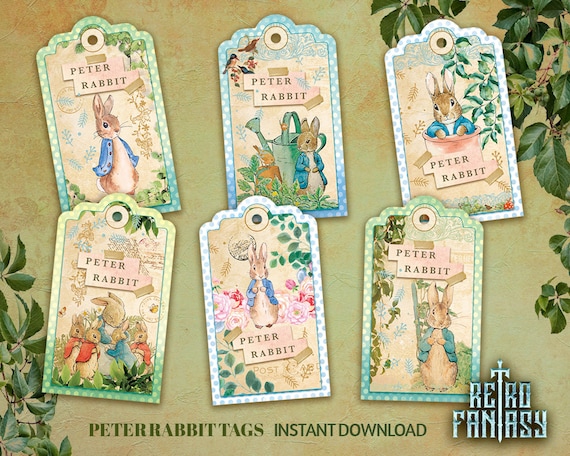 Peter Rabbit Printable Tags | Set 6 Printable Vintage Shabby Chic Tags | Beatrix Potter Scrapbooking | Peter Rabbit Party elements