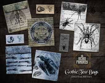 Printable Gothic Tea Bags • Digital Goth • Halloween • Collage Sheet • Spooky Scrapbook