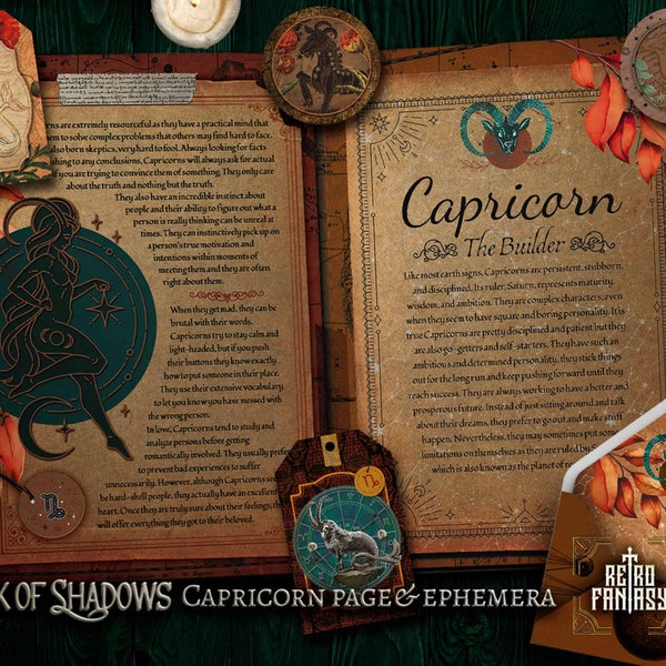 Printable CAPRICORN Pages & ephemera • Book of Shadows • ZODIAC • Wicca pages • Junk Journal Pages • Grimoire • Witchy pages • ASTROLOGY