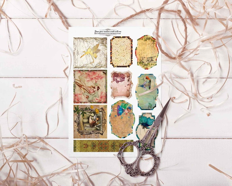 May include: A sheet of vintage-style printable labels with various designs featuring fairies, flowers, and butterflies. The labels are perfect for adding a touch of whimsy to your crafts and projects.
