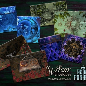 May include: A set of six digital printable envelopes with a witchy, retro fantasy theme. The envelopes feature various designs including a crescent moon, a sun, an eye, a book, and geometric patterns. The designs are in shades of blue, green, purple, and brown.