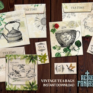 Sachets de thé vintage imprimables Enveloppes shabby chic | Enveloppes pour sachets de thé botanique | Sachets de thé amoureux des plantes