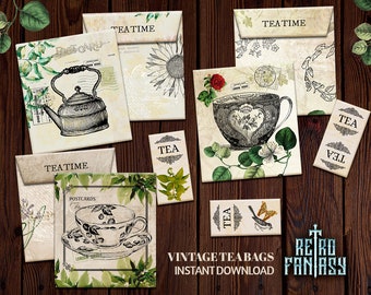 Printable Vintage Tea Bags Shabby chic envelopes | Botanical Tea bags envelopes | Plants lover Tea Bags