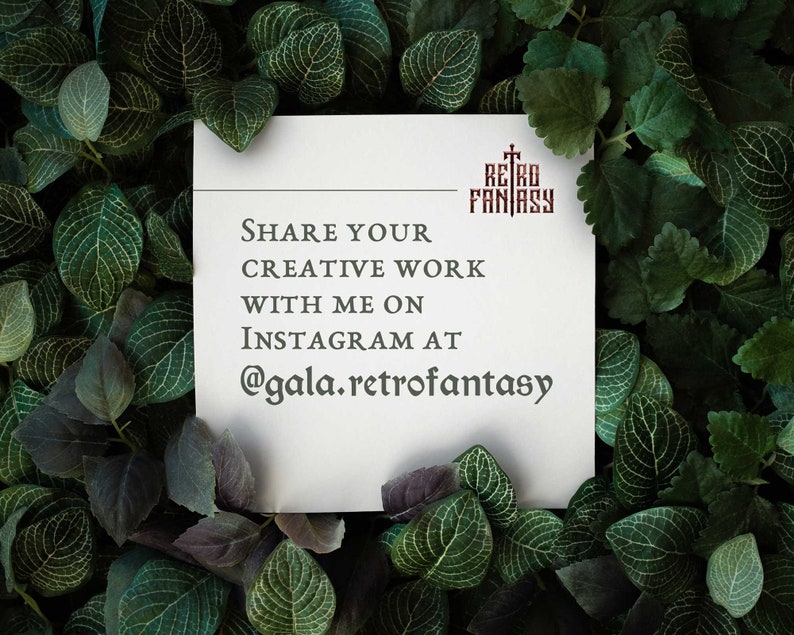 May include: A white square card with the text "SHARE YOUR CREATIVE WORK WITH ME ON INSTAGRAM AT @gala.retrofantasy" is surrounded by green leaves. The Retro Fantasy logo is in the top right corner.