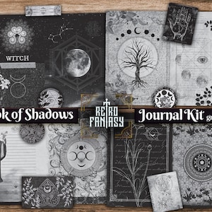 May include: A digital printable journal kit in grayscale featuring a witch, moon phases, a tree, and other mystical symbols. The kit is titled "Book of Shadows Journal Kit".