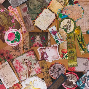 May include: Assortment of vintage-style paper tags with floral and fairy designs. The tags are printed on textured paper and have a distressed look. They are perfect for scrapbooking, card making, and other craft projects.