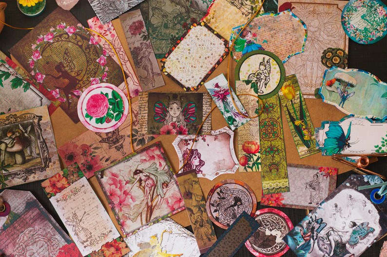 May include: Assortment of vintage-style paper tags with floral and fairy designs. The tags are printed on textured paper and have a distressed look. They are perfect for scrapbooking, card making, and other craft projects.