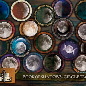 Druckbares Buch der Schatten 18 Mondphasen Kreis Tags • Magie • Buch der Zauber • Mond tags • Grimoire • Wiccan • Hexe • Hexe • Lunar phase