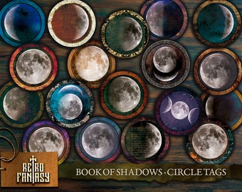 Printable Book of Shadows 18 Moon Phases Circle Tags • Magic • Book of Spells • Moon tags • Grimoire • Wiccan • Witch • Witchy • Lunar phase