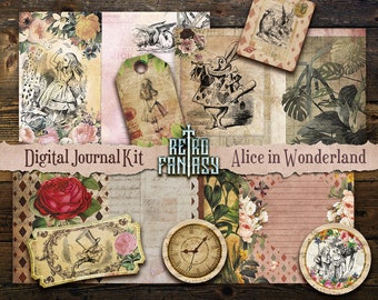 Alice in Wonderland Journal Digital Kit Printable |  INSTANT Download | Botanical Alice Journal | Bookish Journal | Scrapbook Botanical