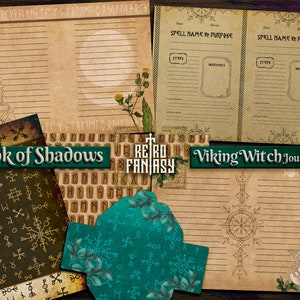 May include: A collection of vintage-style paper ephemera, including journal pages, envelopes, and decorative elements. The "Book of Shadows" and "Viking Witch Journal kit" are featured, with illustrations and text in a fantasy theme. The color palette includes browns, greens, and beige.