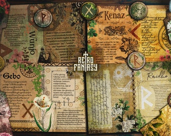 Könnte beinhalten: Eine Collage von Illustrationen im Vintage-Stil, die die Runen des Älteren Futharks zeigen, jede mit einer Beschreibung ihrer Bedeutung. Die Runen sind von floralen Designs und anderen dekorativen Elementen umgeben, was dem Bild ein mystisches und bezauberndes Gefühl verleiht.