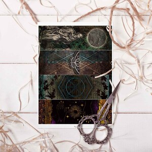 May include: A set of four digital printable bookmarks featuring a variety of designs, including a moon, a moth, a geometric pattern, and a hand with stars. The bookmarks are in shades of blue, green, brown, and purple.