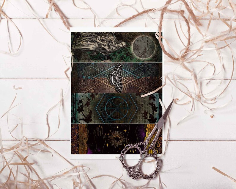 May include: A set of four digital printable bookmarks featuring a variety of designs, including a moon, a moth, a geometric pattern, and a hand with stars. The bookmarks are in shades of blue, green, brown, and purple.
