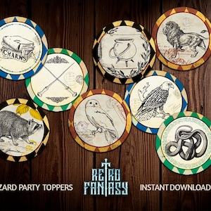 May include: Set of 8 printable round cupcake toppers featuring vintage illustrations of magical creatures and objects, including a raccoon, owl, snake, eagle, cauldron, wands, lion, and books. The toppers are designed in a retro style with a brown, yellow, and green color scheme. The text "Wizard Party Toppers" and "Retro Fantasy" is included in the image.