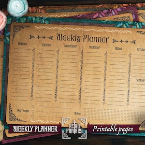 May include: Printable weekly planner with a vintage aesthetic. The planner has a brown paper background with black lines and text. The text includes "Weekly Planner", "Monday", "Tuesday", "Wednesday", "Thursday", "Friday", "Saturday", "Sunday", "Don't forget", and "Notes".