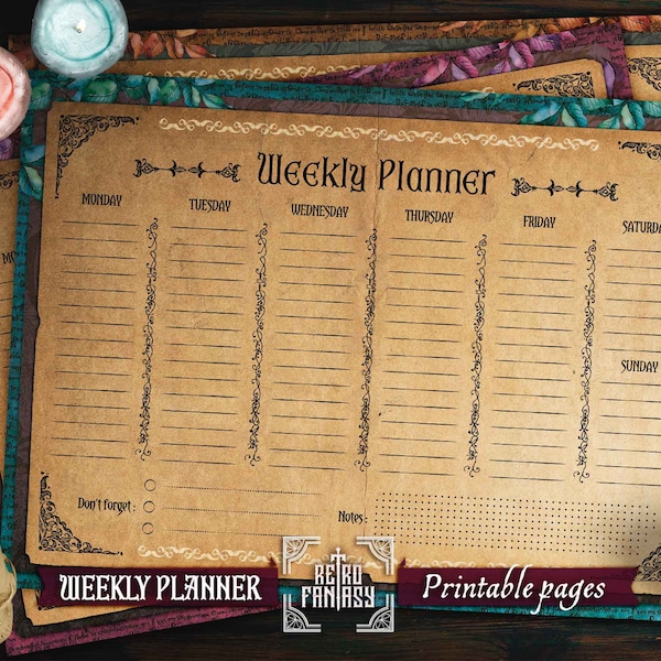 Printable Weekly planner in 3 different colors •  Magic • Wicca • Journal Pages • Grimoire • Book of spells • Antique pages • Medieval