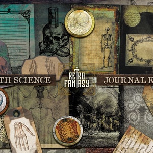 May include: A digital collage kit with a gothic science theme. The kit includes images of skeletons, skulls, and anatomical illustrations. The kit is perfect for scrapbooking, card making, and other paper crafts.