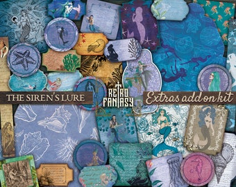 May include: A digital scrapbooking kit with a mermaid theme. The kit includes images of mermaids, seashells, starfish, and other ocean-themed elements. The text "The Siren's Lure" and "Extras add-on kit" are visible in the image.