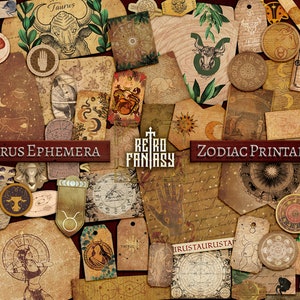 May include: A collection of vintage-style printable images featuring the Taurus zodiac sign. The images are in a brown and gold color scheme and include illustrations of a bull, stars, and other celestial symbols. The text "Taurus Ephemera", "Retro Fantasy", and "Zodiac Printables" is included in the image.