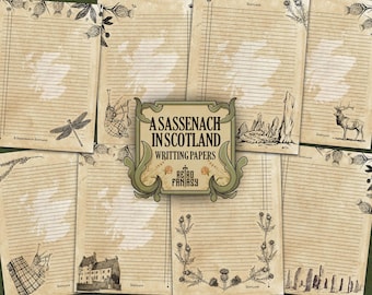 May include: A collection of vintage-style writing papers with a Scottish theme. Each sheet features lined paper with decorative elements like thistles, stags, and bagpipes. The central image reads "A Sassenach in Scotland Writing Papers."