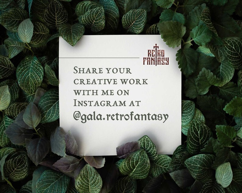 May include: A white card with the text "SHARE YOUR CREATIVE WORK WITH ME ON INSTAGRAM AT @gala.retrofantasy" and the logo "RETRO FANTASY" in red.