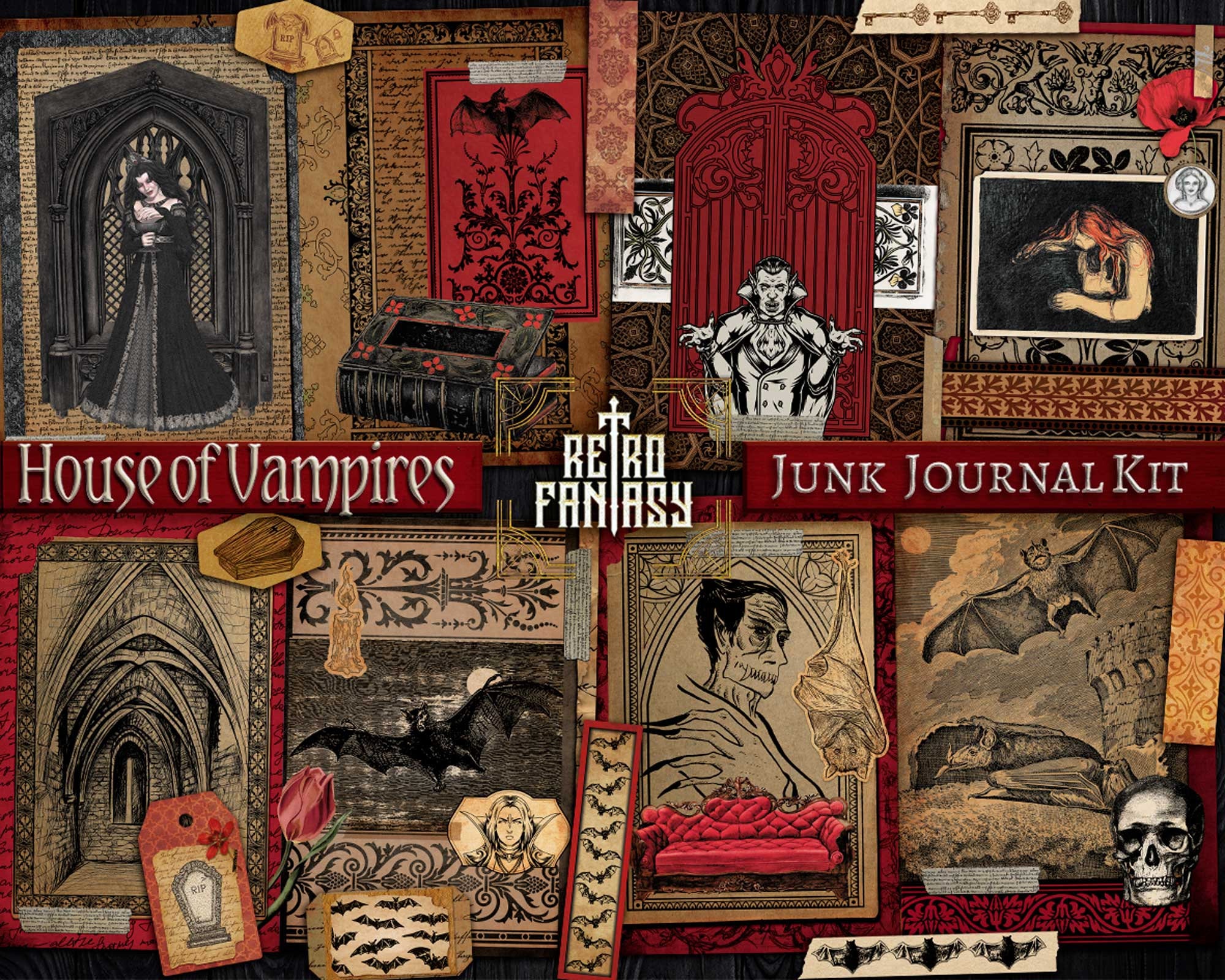 House of Vampires Junk Journal Kit with EXTRAS • Digital Download • Scrapbooking • Printable Journal Kit • Halloween • Gothic