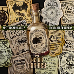 May include: A selection of vintage apothecary labels and a glass bottle with a cork. The labels feature ornate designs, botanical illustrations, and text such as "Silent Wings" and "Aqua Obscura". The overall aesthetic is retro and fantasy-themed.