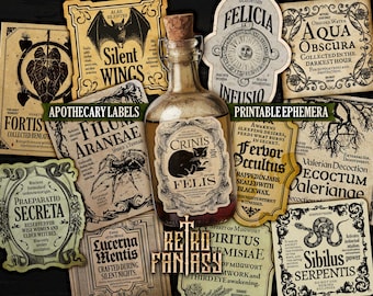 May include: A collection of vintage-style apothecary labels and a glass bottle with a cork stopper. The labels feature ornate designs, botanical illustrations, and text such as "Silent Wings" and "Aqua Obscura". The overall aesthetic is retro and fantasy-themed.