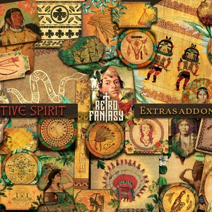 May include: A digital collage of Native American themed images, including a snake, feathers, and a headdress. The text "NATIVE SPIRIT" and "EXTRAS ADDON KIT" are visible. The collage is in a retro style with a vintage colour palette.